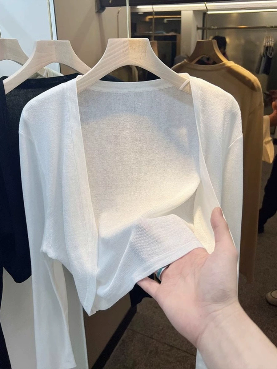 Белый короткий вязаный тонкий летний кардиган, slip-платье, шифоновая куртка