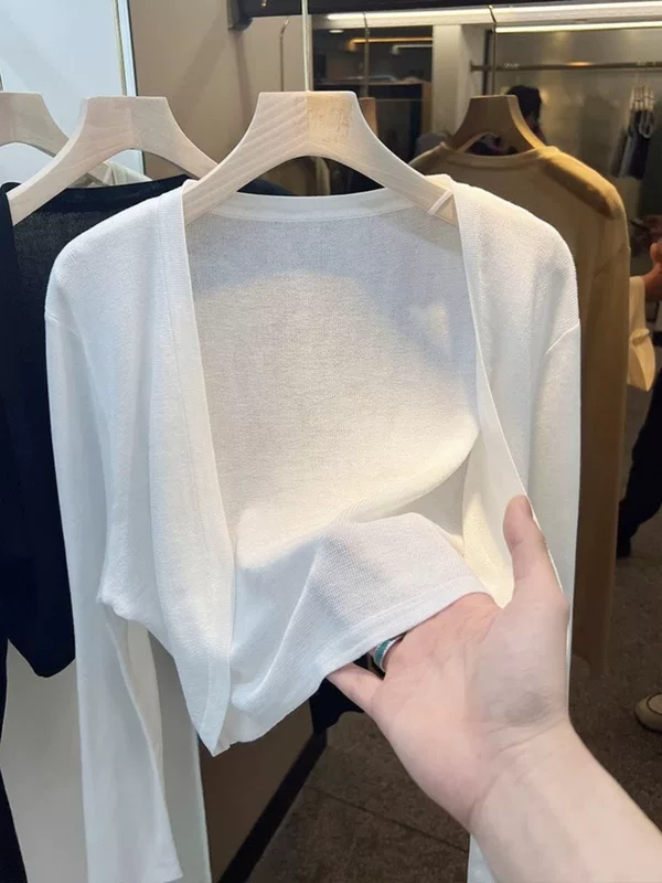 Белый короткий вязаный тонкий летний кардиган, slip-платье, шифоновая куртка