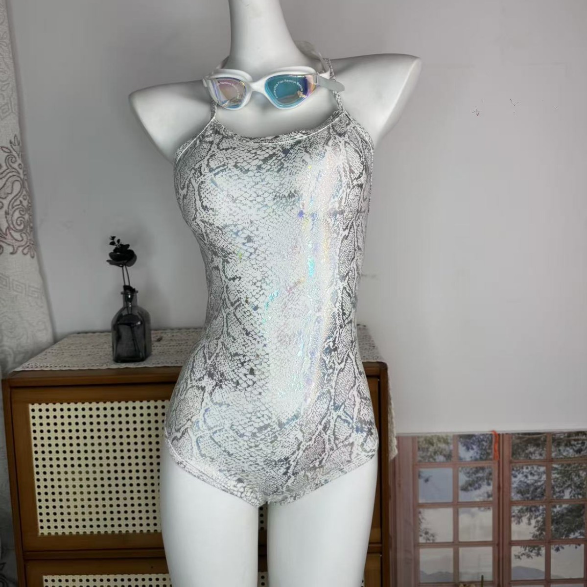 White Python Flash New Racing Swimsuit One-Piece Hole-Free Breast Pad Medium-Low Fork Professional Swimming Competition Swimsuit