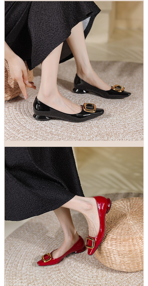 Giày cao gót nữ mũi vuông khóa vuông, da sáng chế, gót thô 6–8 cm — màu kaki, màu đỏ tía, đen chi tiết 5