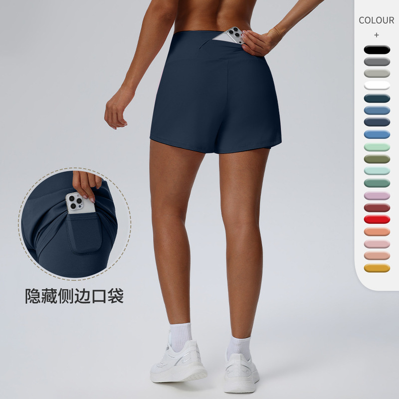 Women's Loose Tennis Sports Running Shorts Fake Two-Piece Anti-Exposure Ice-Feel Nylon Yoga Fitness Pants 02414
