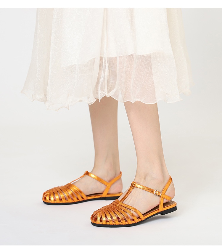 Metallic Shiny Roman Sandals For Women, Summer Fashion Closed-Toe Flat Shoes With Single Strap And Hollow Design,_desvips.com