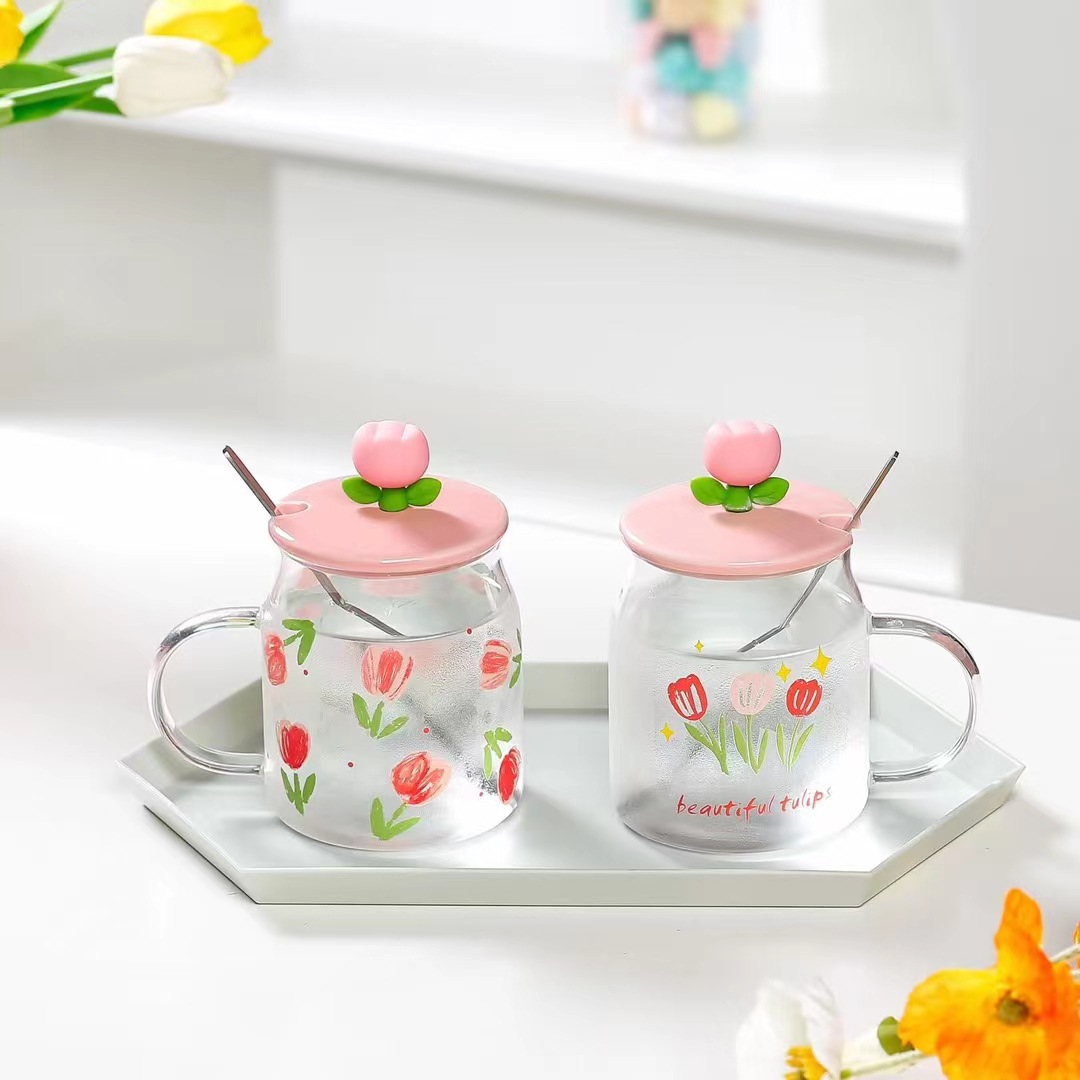 Chica corazón personalidad tulipán vidrio taza de agua con mano regalo Oficina taza de café flor fresca taza