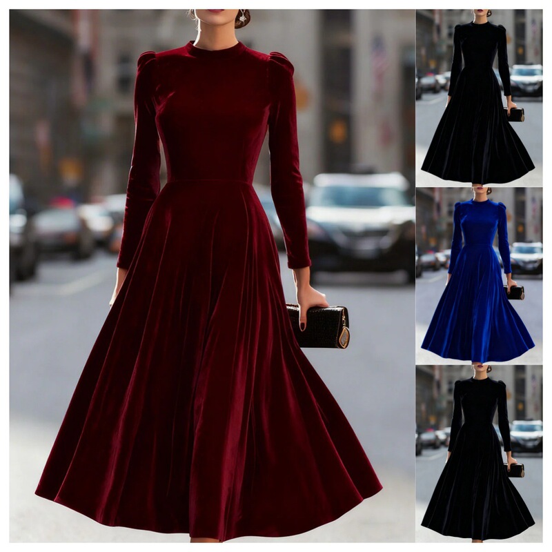 European and American Cross-Border Foreign Trade Dress, New Style Velvet Round Neck Long Sleeve Dress for Women