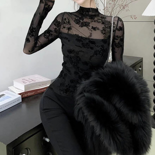 Autumn and winter 2025 fleece-lined pure sexy mesh lace embroidery semi-high collar long sleeve waist slim hot girl design tide