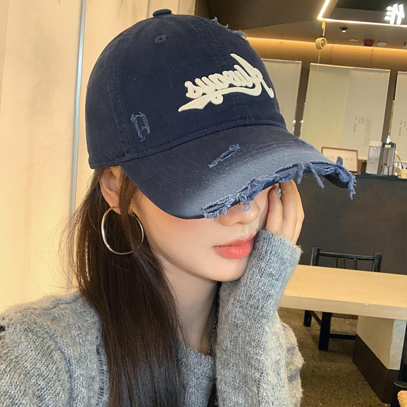 美式渐变色做旧破洞字母刺绣棒球帽女大头围宽帽檐显脸小鸭舌帽子|undefined
