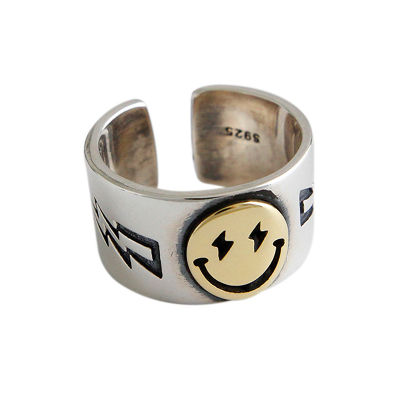 korean style mori style thai silver lightning pentagram ring women‘s fashion personality retro golden smiley open ring wholesale
