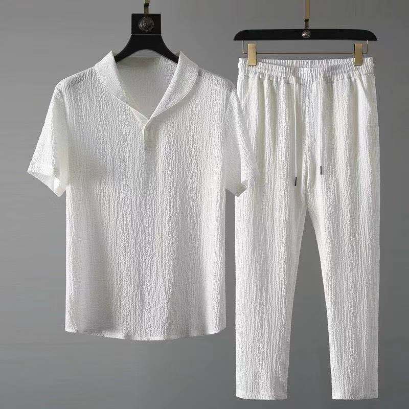 Summer fashion trendy pleated two-piece Men's cotton and linen short-sleeved T-shirt green collar white casual sports suit