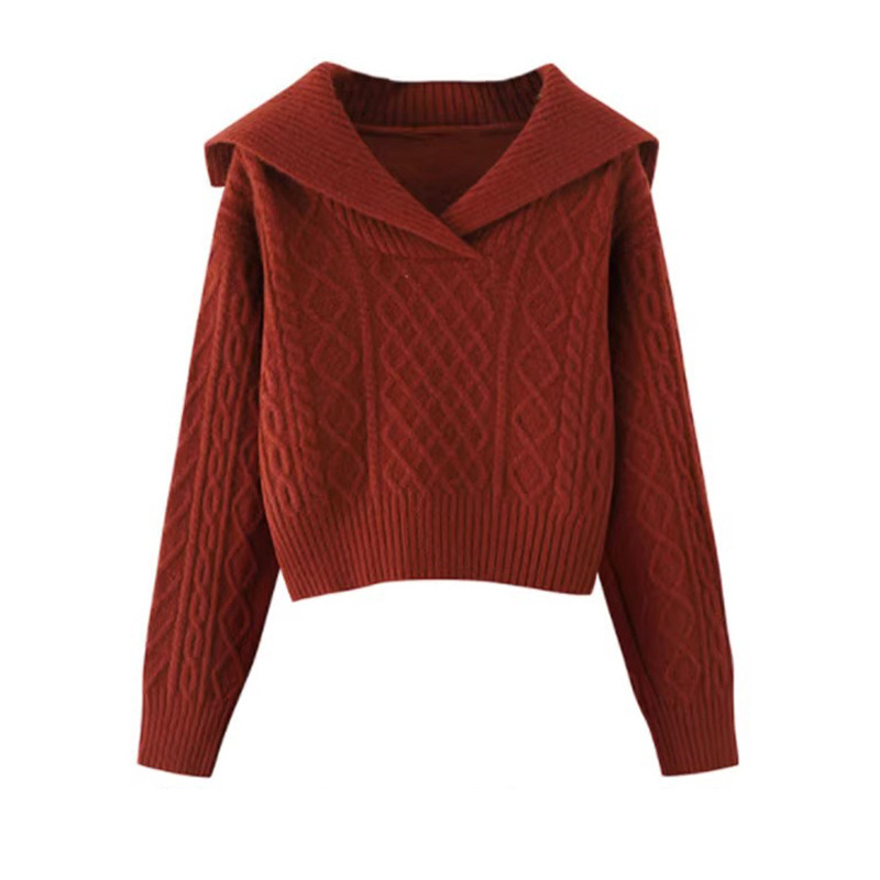 Large lapel retro sweater women's autumn and winter high waist short small soft glutinous pullover long sleeve thick wool knitted top