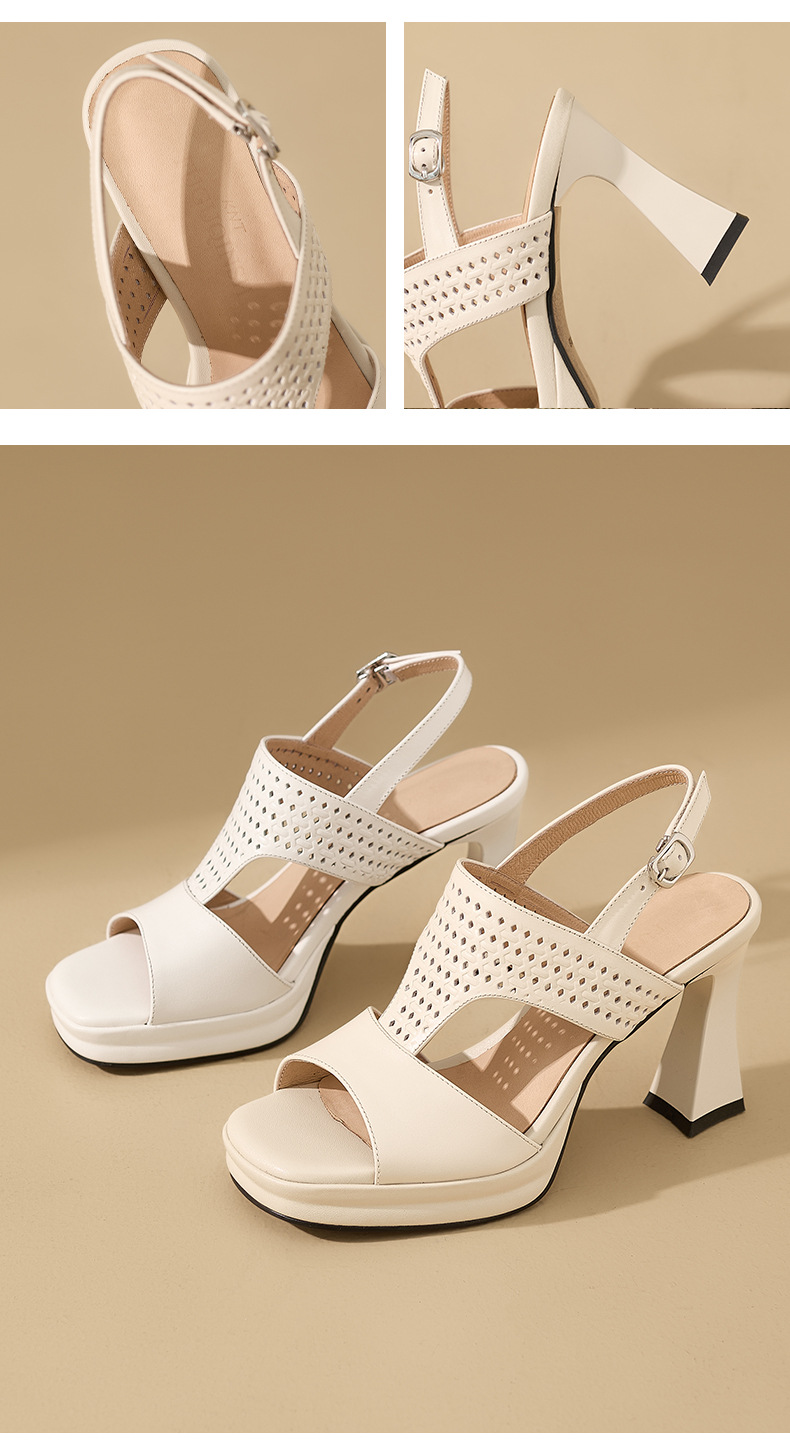 Sandal cao gót nữ hở mũi quai ngang khóa gót 9 cm — màu trắng ngà chi tiết 10