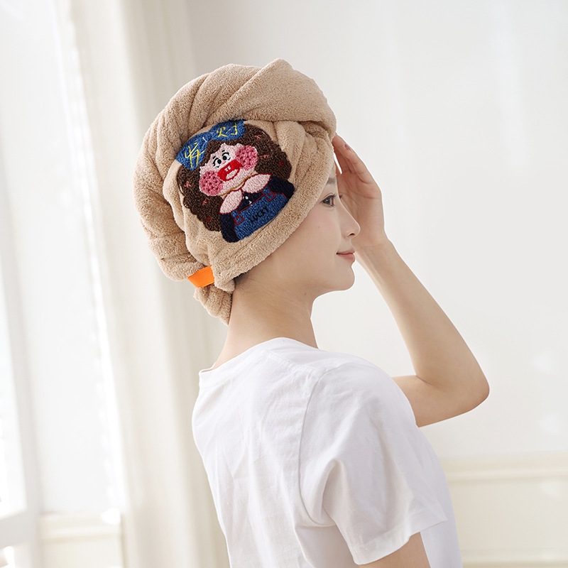 女性用のかわいい刺繍入りヘアドライキャップ、吸水性、速乾性、ヘアドライタオル、厚みのあるコーラルベルベットの漫画ターバン、シャワーキャップ|undefined