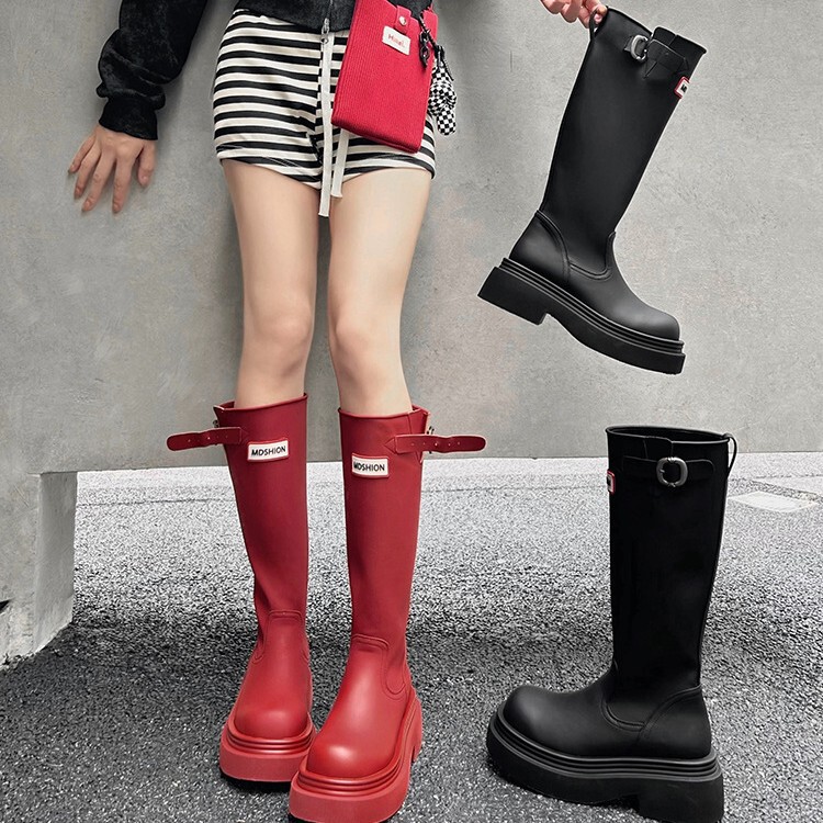 潮不南~户外红色雨靴女2025新款圆头厚底高筒骑士靴不过膝长筒靴|undefined