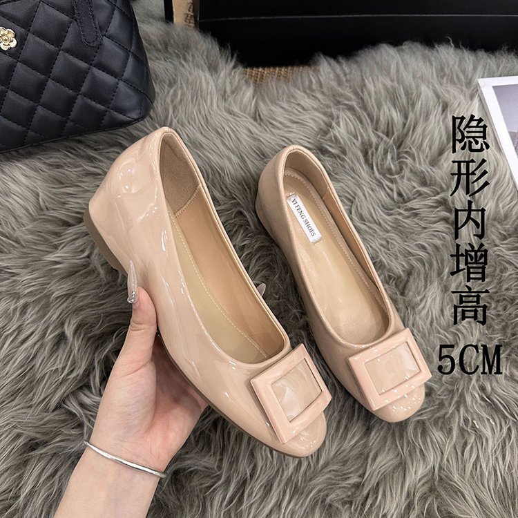 Women's Nude-Colored Square Buckle Shallow Mouth Flats That Increase Height by 5cm, New French-Style Round-Toe Soft Flat Shoes for Summer 2025 Women's Nude-Colored Square Buckle Shallow Mouth Flats That Increase Height by 5cm, New French-Style Round-Toe Soft Flat Shoes for Summer 2025
