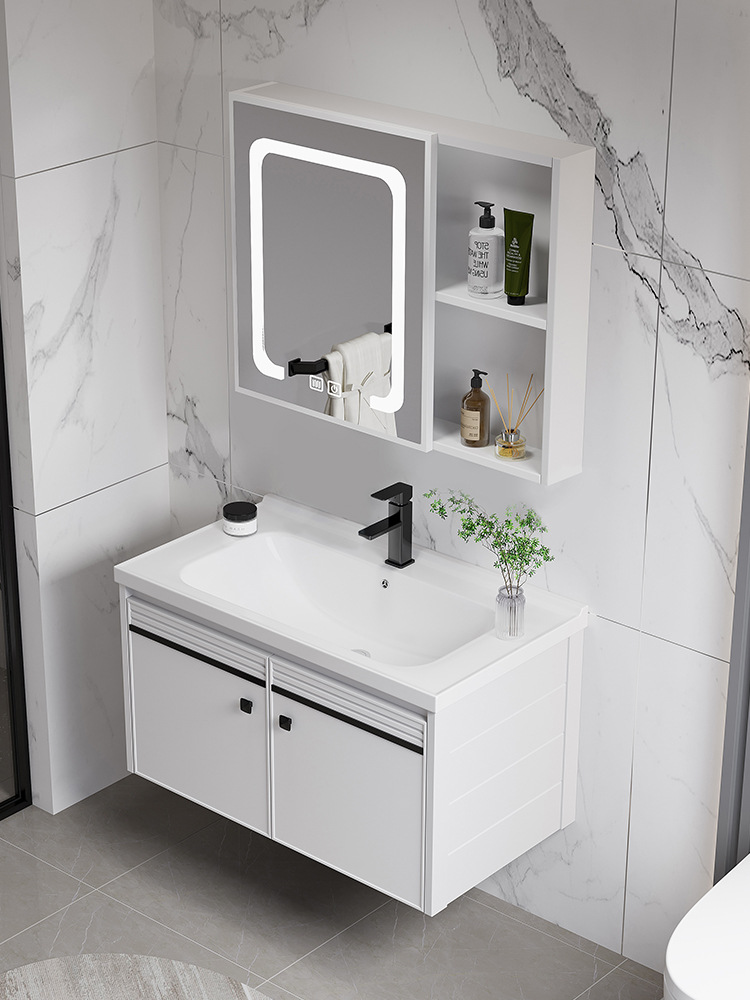 Moderno simple espacio de aluminio mueble de baño lavabo de baño combinación integrada lavabo de cerámica mesa de lavado lavabo