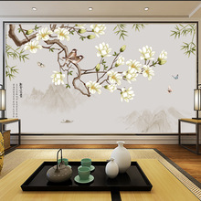 家和富贵电视背景墙壁画现代中式花鸟图壁纸无缝玉兰客厅影视墙布