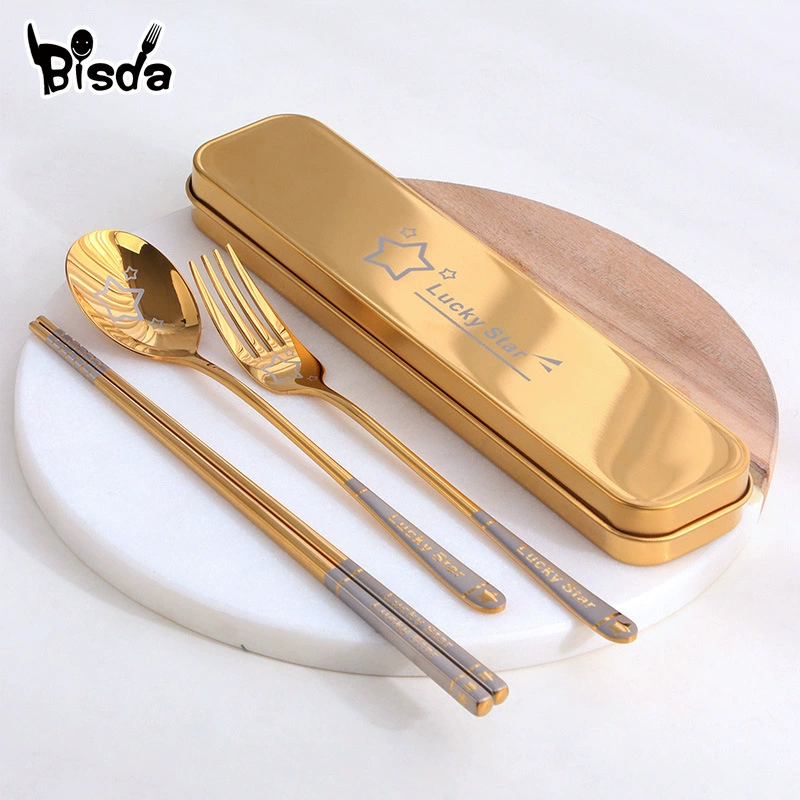 Cute handheld tableware, set stainless steel, chopsticks for elementary school students, spoon, fork, storage box, 4 piece set