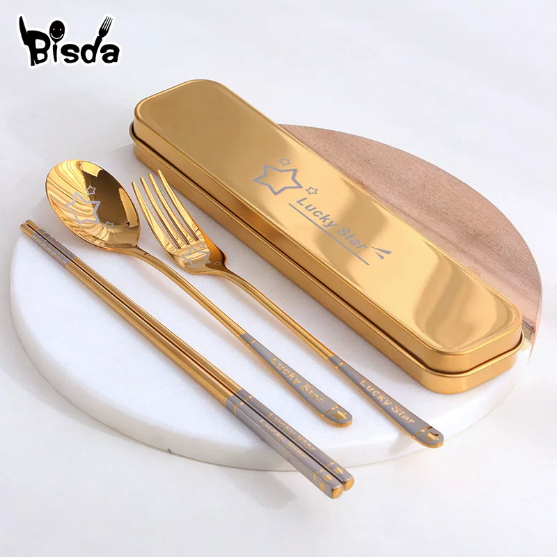Cute handheld tableware, set stainless steel, chopsticks for elementary school students, spoon, fork, storage box, 4 piece set