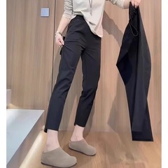 女性用黒ストレートカジュアルパンツ、夏用薄手大きいサイズハイウエスト伸縮性スーツパンツ、スリム9点シガレットパンツ