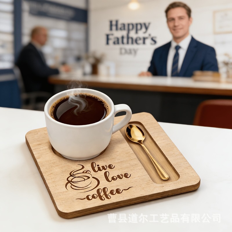 Cross-border wooden Father's Day themed coasters with spoon slots, square design, creative coffee shop coasters, decorative pieces, and holiday gifts