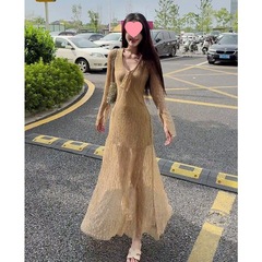 连衣裙女2025秋季新款法式高级感收腰显瘦V领蕾丝长袖系带中长裙