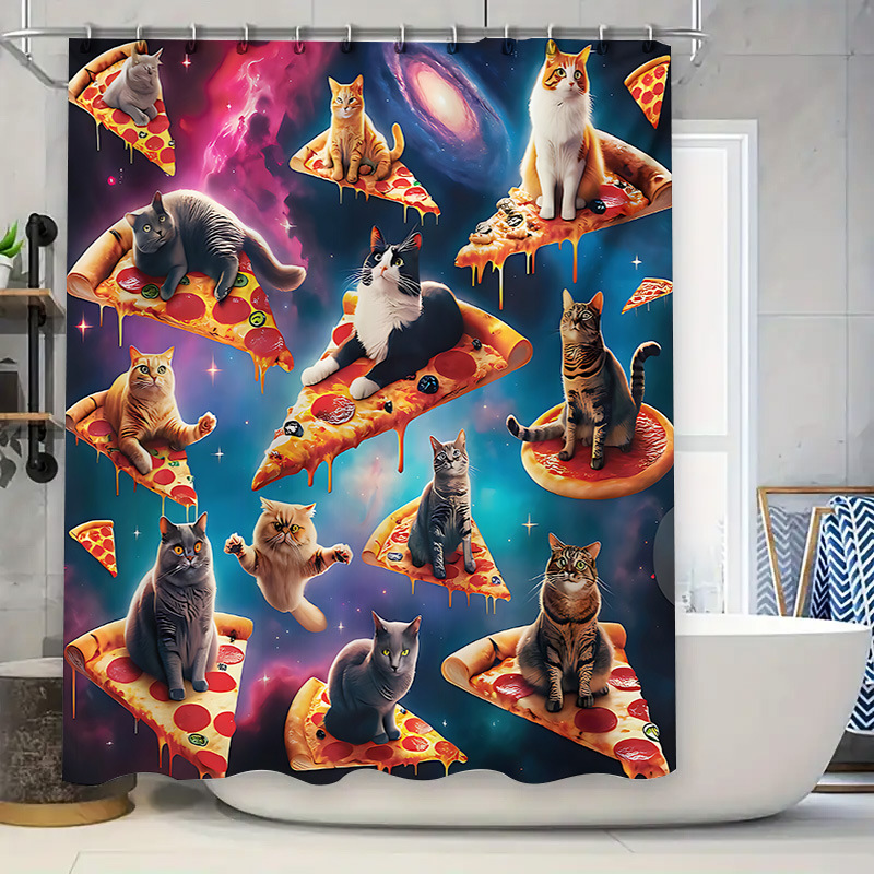 Divertida cortina de baño valiente gato sostiene tridente flecha montar tiburones en las olas ballenas gatos cortina de baño conjunto baño