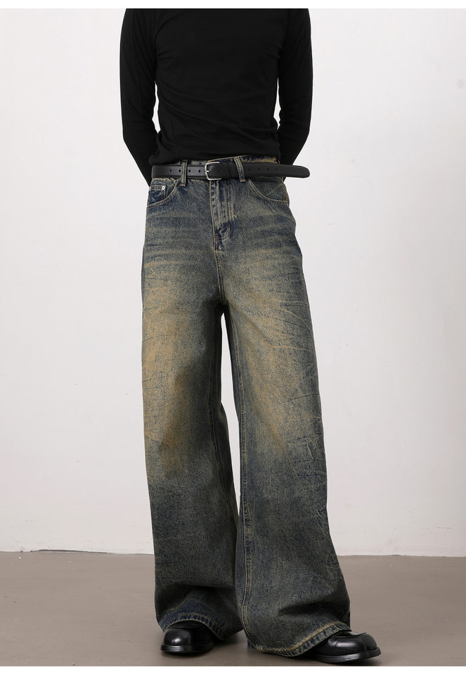 Quần jeans nam dáng rộng ống suông phong cách retro Mỹ, râu mèo xanh, giặt mài làm cũ — Xanh cổ điển chi tiết 14