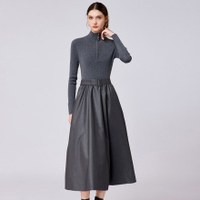 跨境亚马逊外贸女装气质通勤系带收腰长袖半高领重工拼接连衣裙