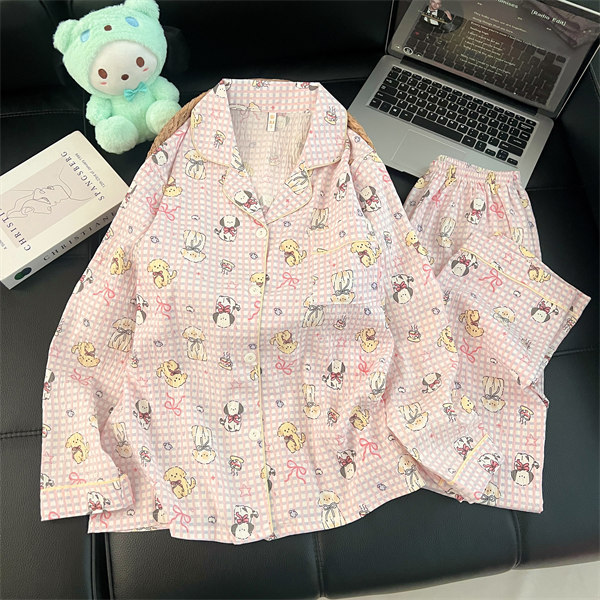 Al por mayor transfronterizo 2026 nuevo pijama de mujer nubes de algodón pantalones de manga larga cardigan con solapa de dibujos animados ropa para el hogar se puede usar fuera