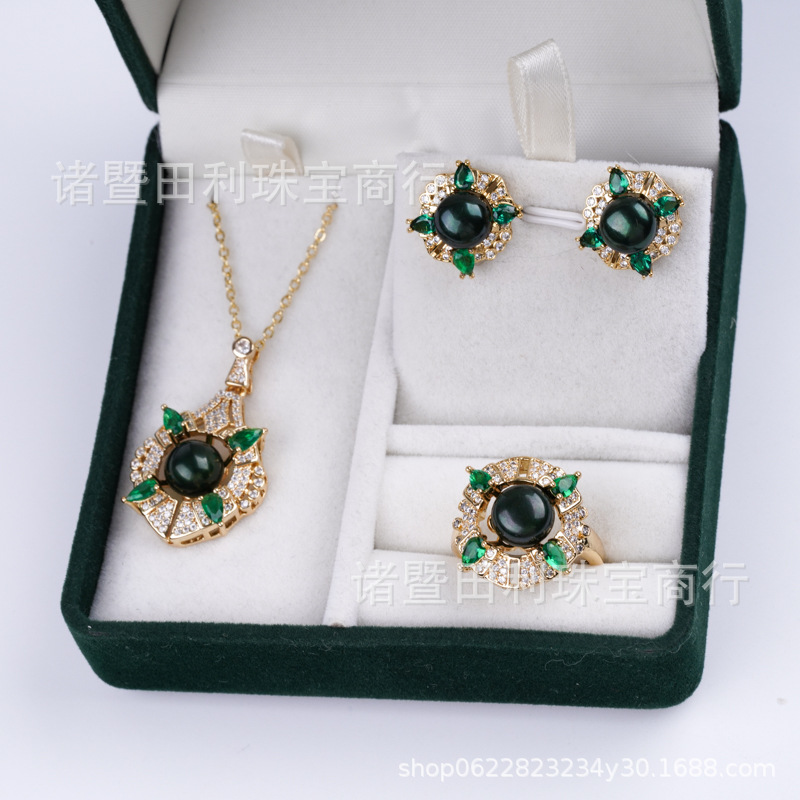 (2개) ZHUJI 특별 가격 도매 하이 엔드 라이트 럭셔리 천연 담수 진주 3 피스 쥬얼리 세트 틈새 지르콘 그린