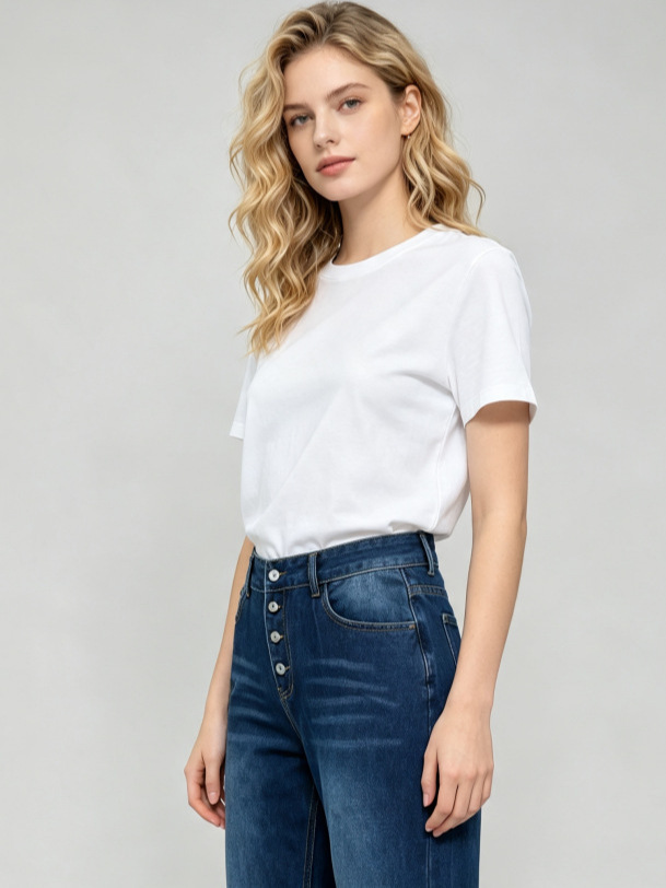 Jeans Rectos de Cintura Alta para Mujer de Mezclilla de Algodón, Sin Elasticidad, Lavado con Agua, para Uso Casual