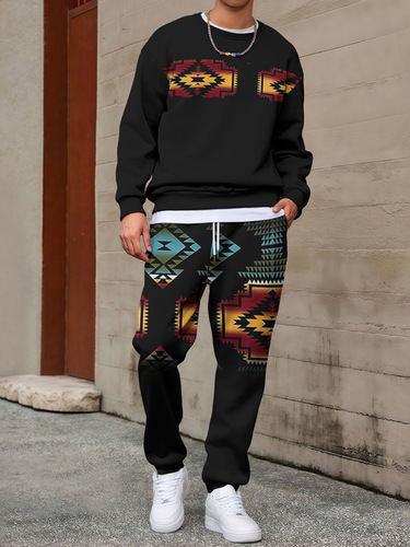 Hot bohemian style independent station cross-border men's fashion brand trend fashionable round collar long-sleeved sweater pants set