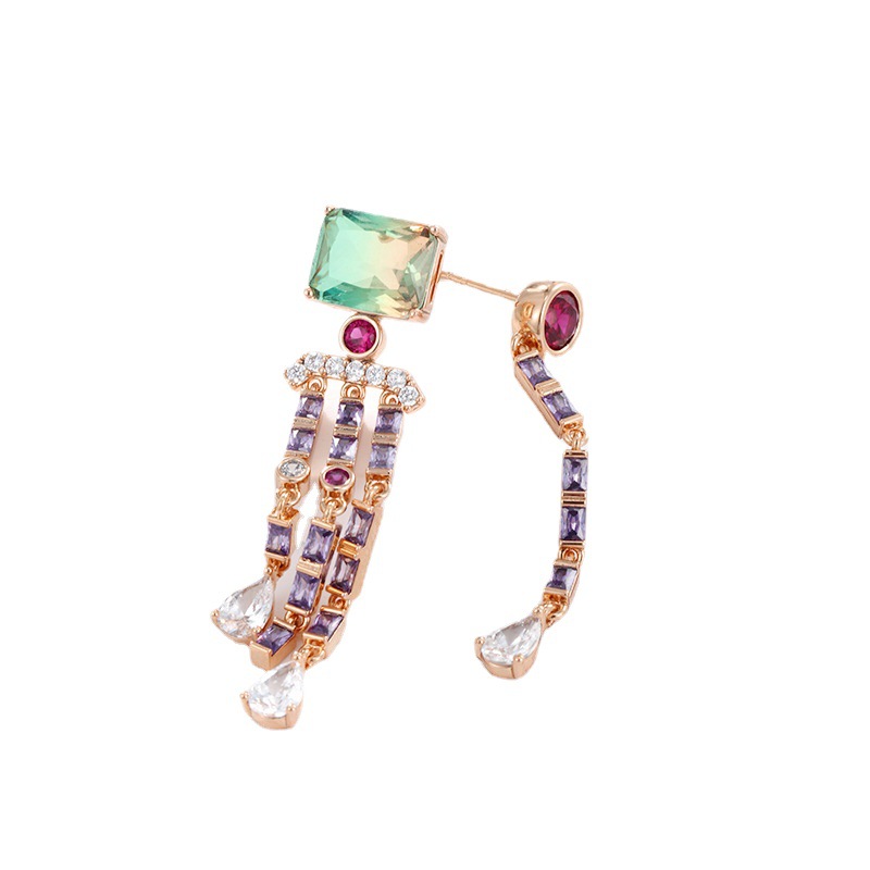 Xuking joyería colorido tesoro serie larga borla cuadrado artificial pendientes de piedras preciosas temperamento asimétrico pendientes de alto grado