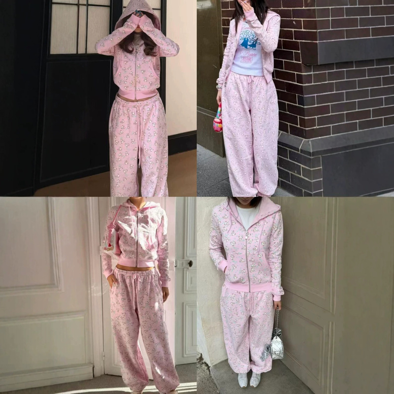 Korean hot item! Pink all-over panda print short hoodie jacket + casual long sweatpants women's set Korean hot item! Pink all-over panda print short hoodie jacket + casual long sweatpants women's set