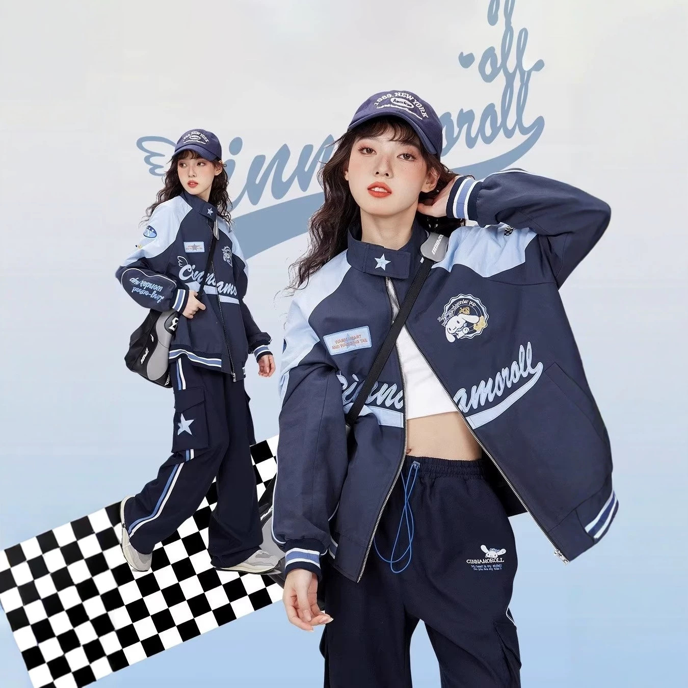 美式复古机车潮牌棒球服外套女春秋季港风街头宽松赛车服夹克情侣
