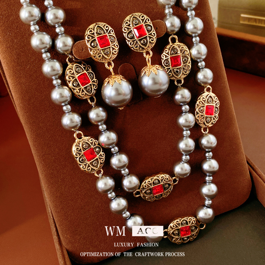 Medieval vintage elíptico con diamantes de doble capa collar de perlas cadena de suéter retro lujo ligero conjunto de joyas de alta calidad