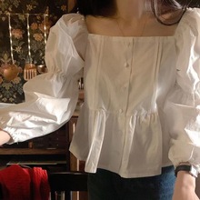 韩国春季法式复古气质方领泡泡袖短款娃娃衫女长袖单排扣衬衫