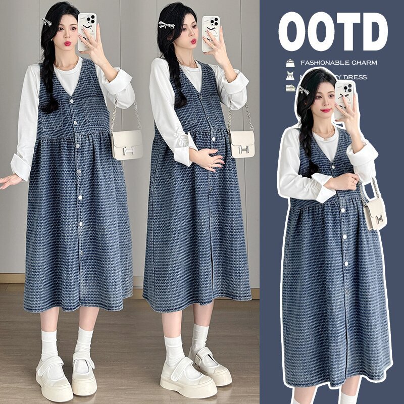Pregnant women autumn dress 2024 new sweet loose Denim strap skirt T-shirt autumn and winter two-piece set