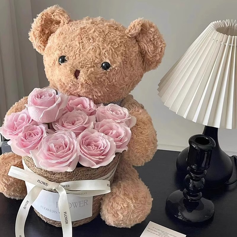 [11 핑크 리치 장미] 포옹 양동이 테디 베어)