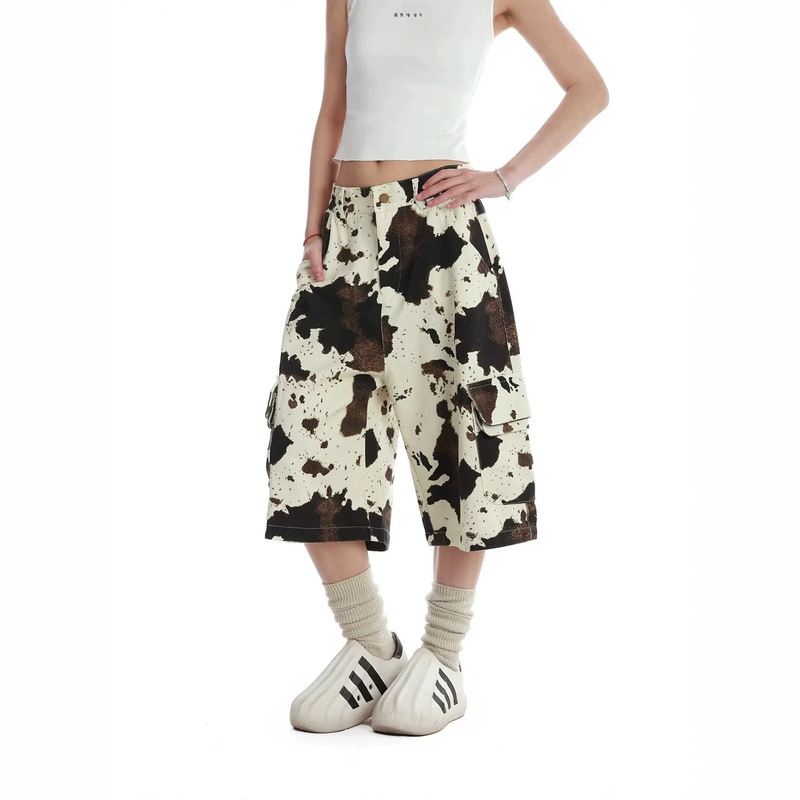 Personalized Cow Print Workwear Large Pocket Loose Wide-Leg Cropped Men's Casual Pants Street Fashion Comfortable
