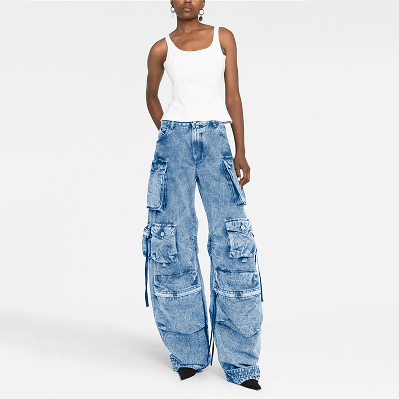Damenbekleidung Frühling und Herbst Neue Mode Rauchgrau Spleißen Multi Pocket Overalls Street Washed Distressed Lange Hose mit weitem Bein_voghion.com
