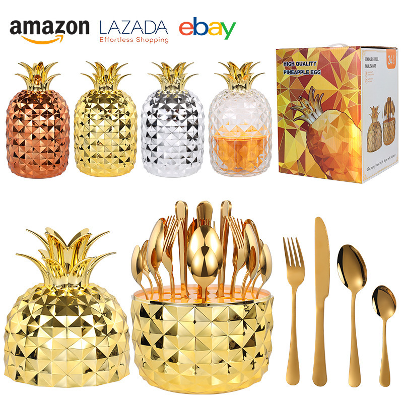 Cross-Border Amazon Creative Pineapple Abs Mood Egg Tableware Stainless Steel Knife, Fork and Spoon Set Gold 24-Piece Set