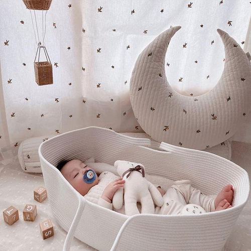 ins北欧风婴儿手提篮 便携式纯棉编织婴儿睡篮 外出手提婴儿床