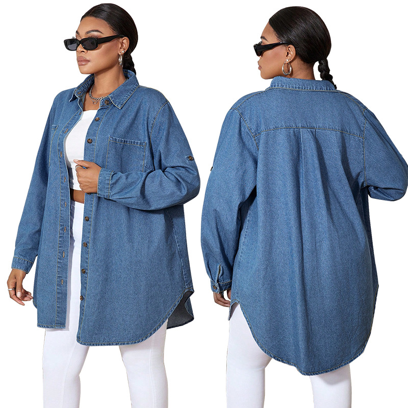 Jeanshemd in Übergröße, Oversize-Hemdjacke aus Chambray mit langen Ärmeln für Damen, lässige Bluse zum Drunterziehen_voghion.com