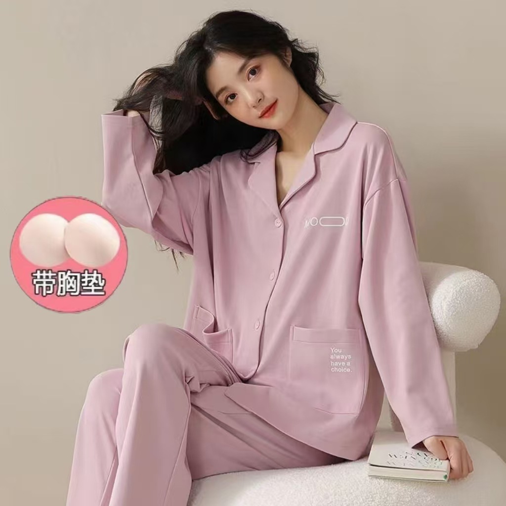 Pijama de algodón con cojín de pecho para damas de mangas largas de dos piezas, primavera y otoño, ropa para el hogar de invierno se puede usar.