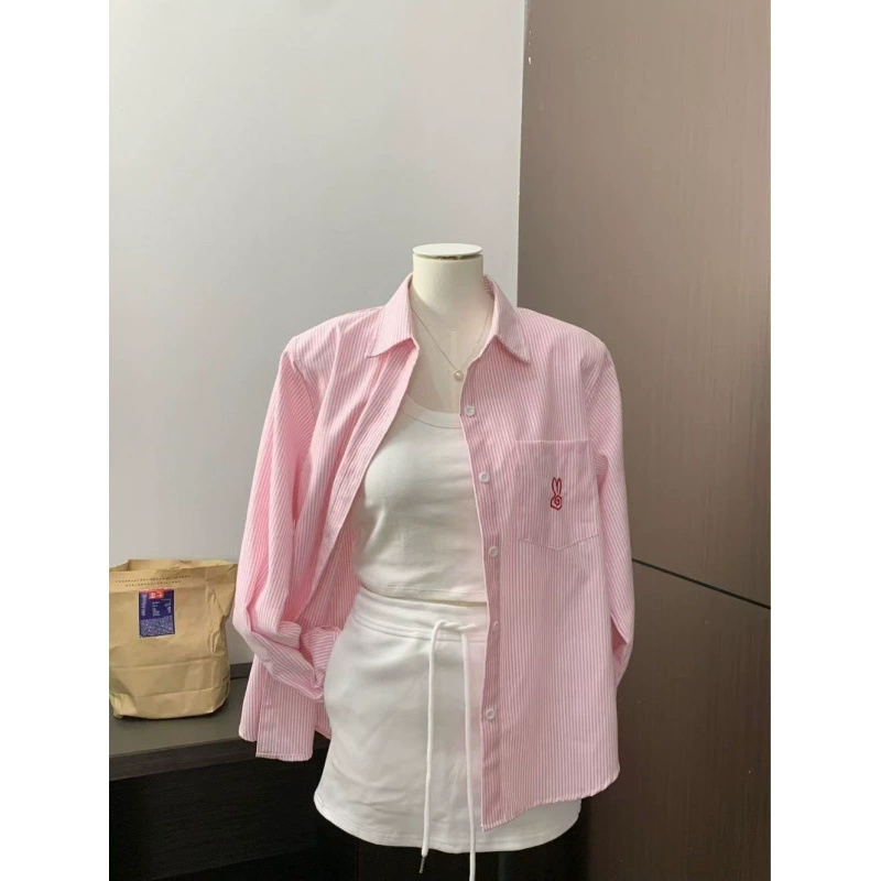 Корейская сладкая розовая полосатая рубашка женская весенне-осенняя тонкая куртка нишевые дизайнерские чувства топ с длинными рукавами рубашка