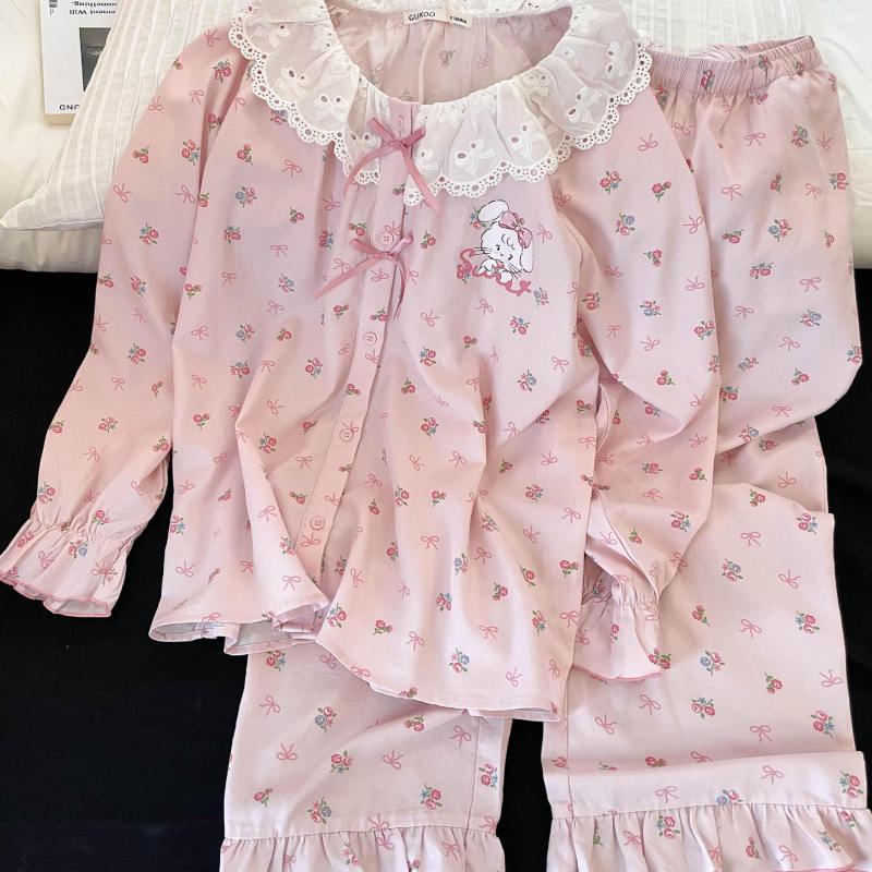 少女甜美小兔印花长袖睡衣女款春秋款新款大码家居服娃娃领两件套|undefined