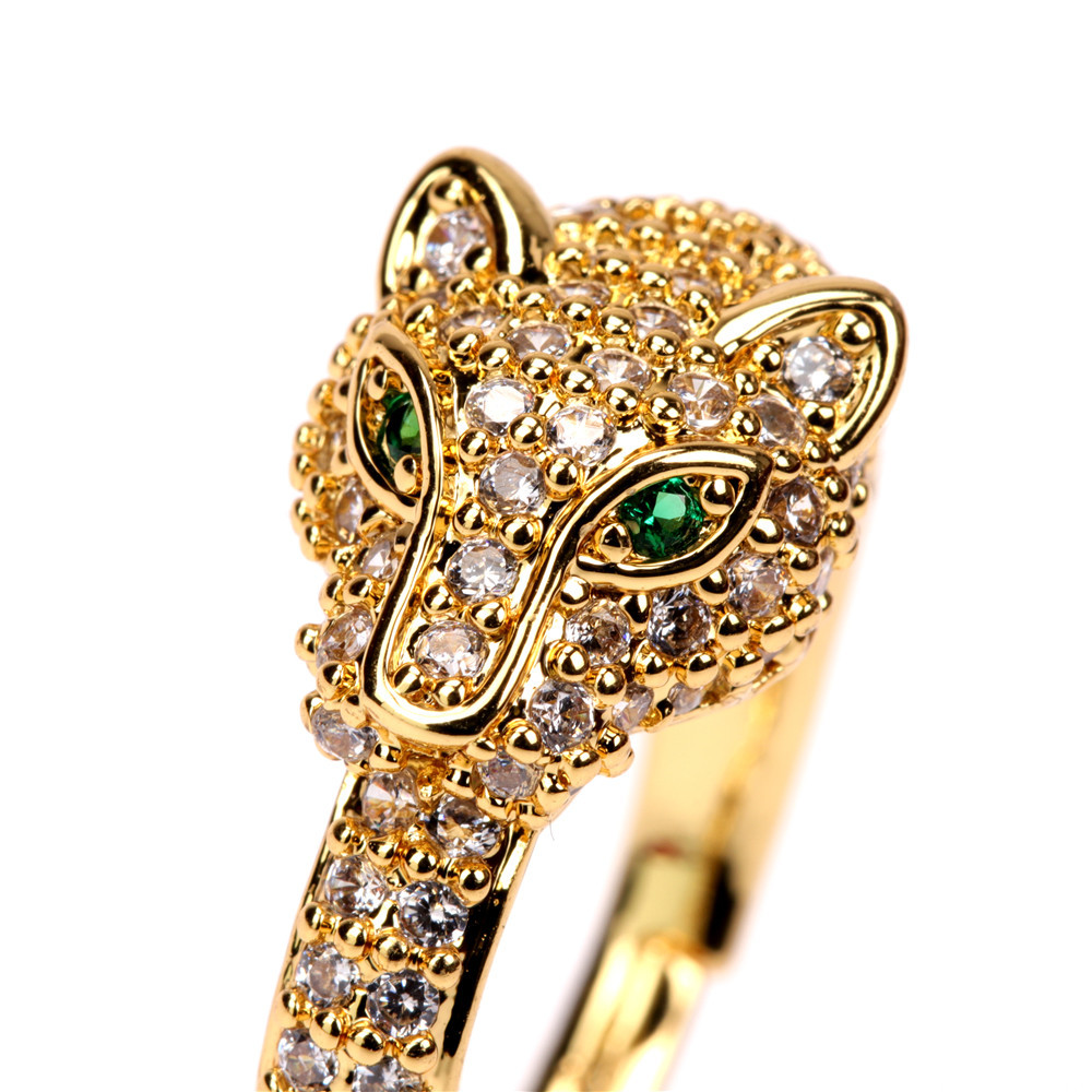 Hip Hop Green Eye Leopard Head Full Diamond Ring Wholesale display picture 3