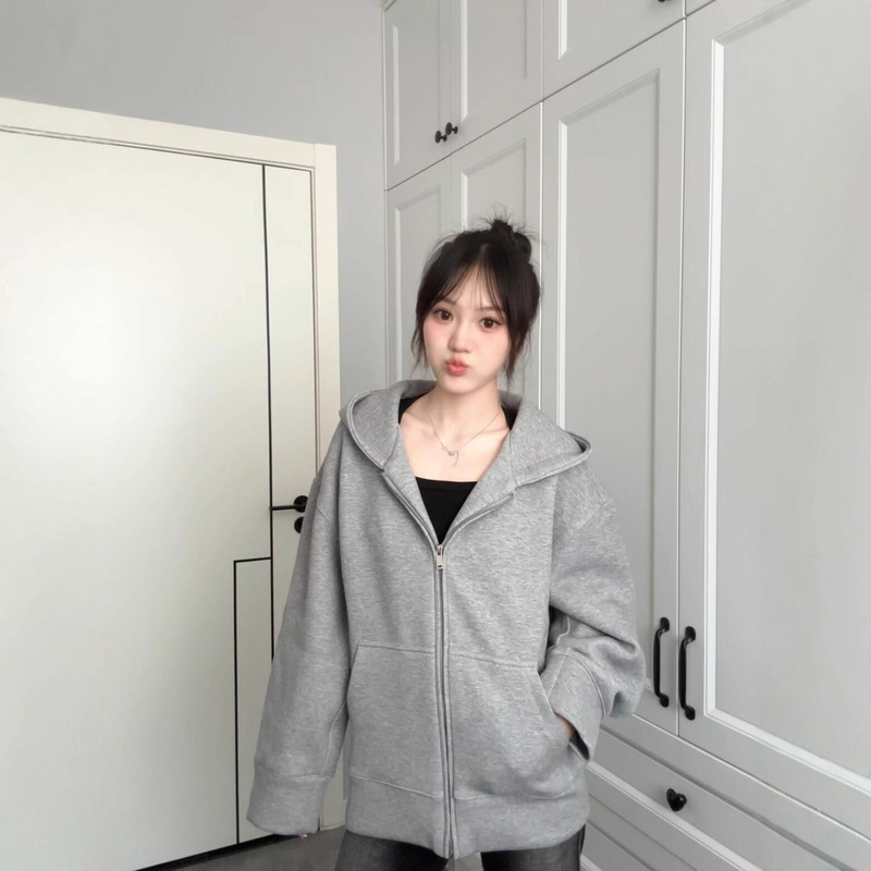 2025新款纯色连帽卫衣外套灰色开衫女春秋休闲宽松韩系慵懒风上衣|undefined