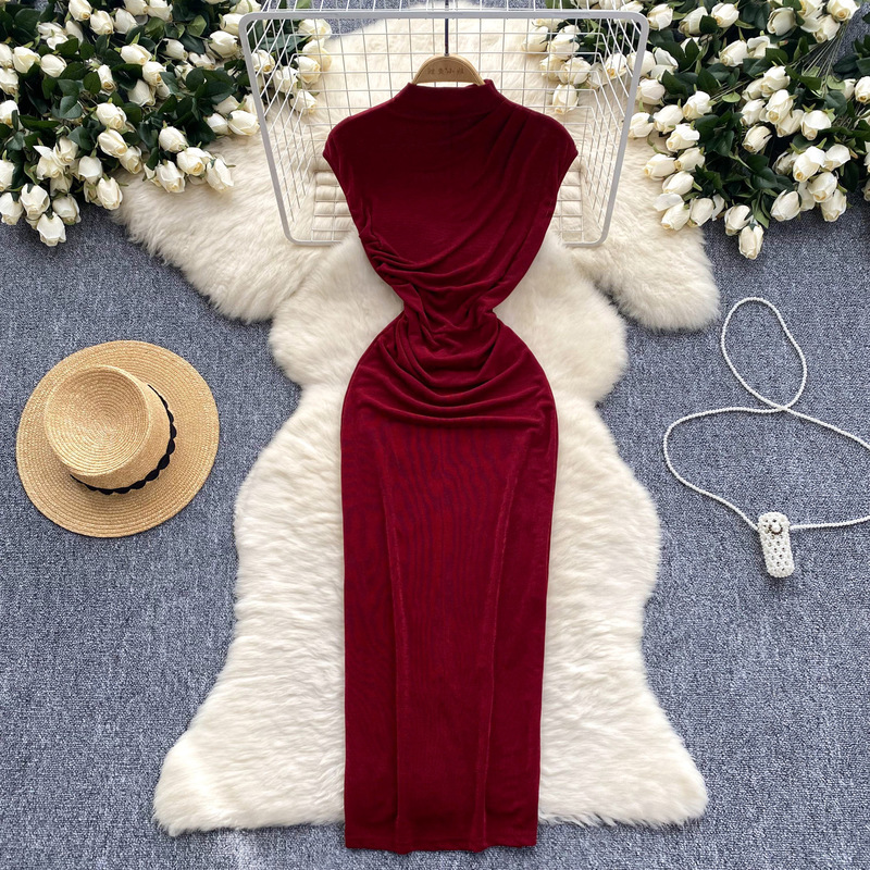 Gao Leng Yujie dress Goddess Style Elegant Pleated Waist Slimming Mid-length Hip Skirt European and American Long Skirt