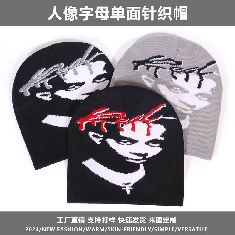 European and American Popular Trendyy Portrait Jacquard Knitted Hat Niche Design Street Stylish Autumn and Winter Warm Ear Protection Cold Hat